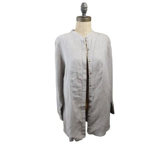 Soft Surroundings Size PM Petite Medium Oatmeal Long Sleeve Button Down Top NEW - Picture 1 of 2